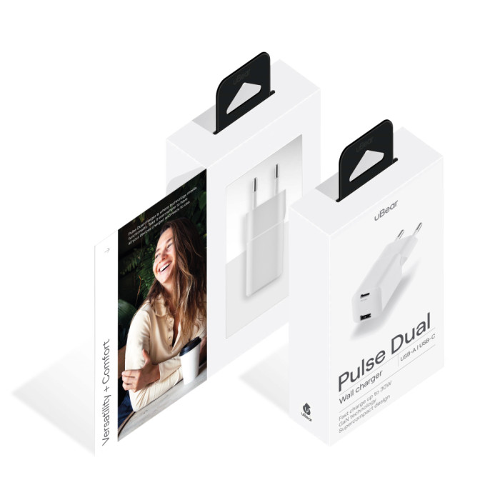 Сетевое зарядное устройство uBear Pulse Dual, GaN, 30 Вт, White | Фото 2 из 4