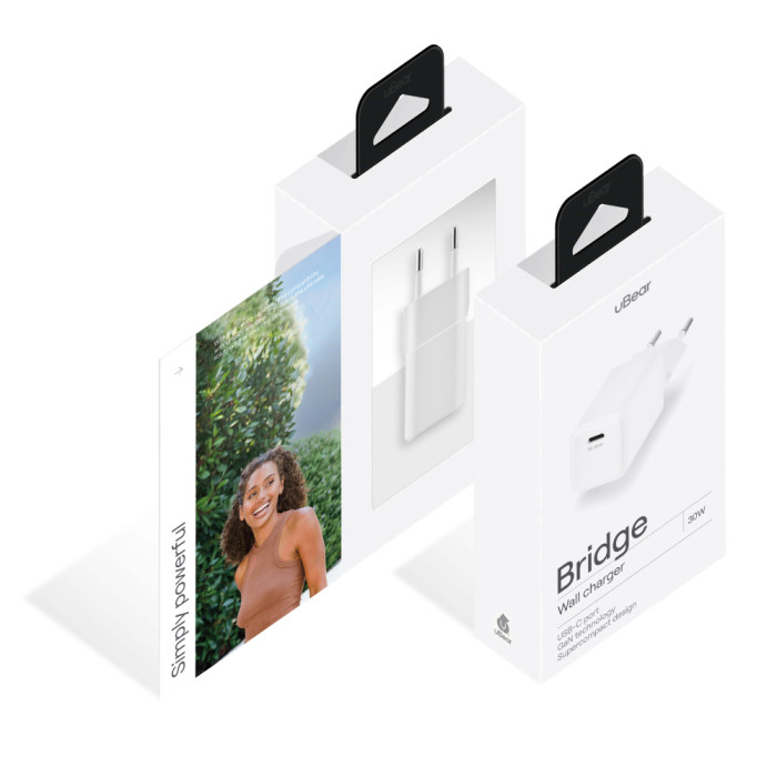 Cетевое зарядное устройство uBear Bridge USB-C, 30 Вт, GaN + Super Fast Charging, White | Фото 2 из 5