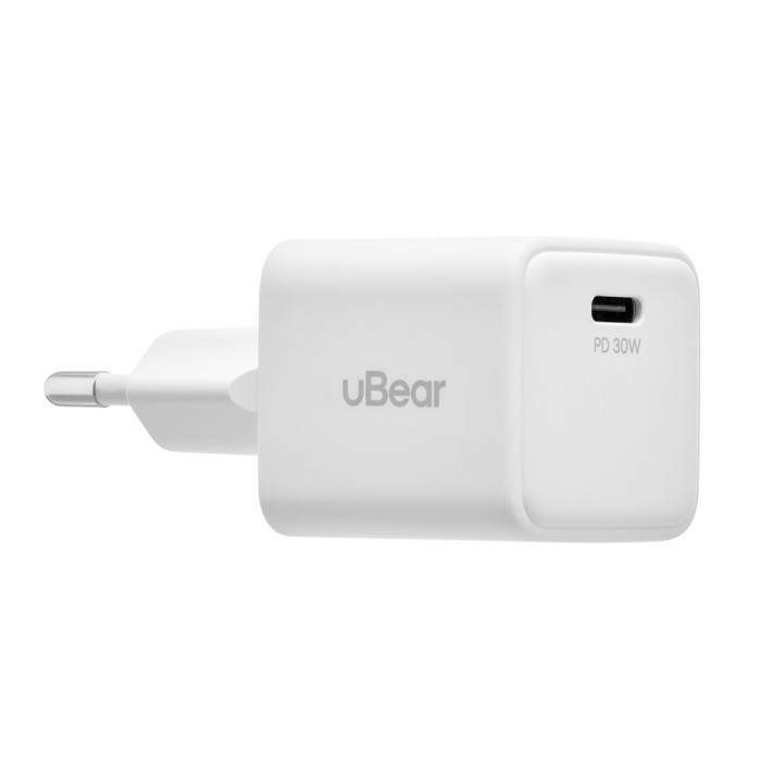 Cетевое зарядное устройство uBear Bridge USB-C, 30 Вт, GaN + Super Fast Charging, White | Фото 4 из 5